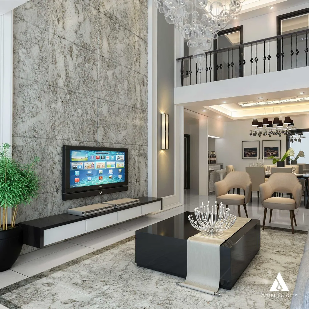 Granite feature wall and floor in a living room