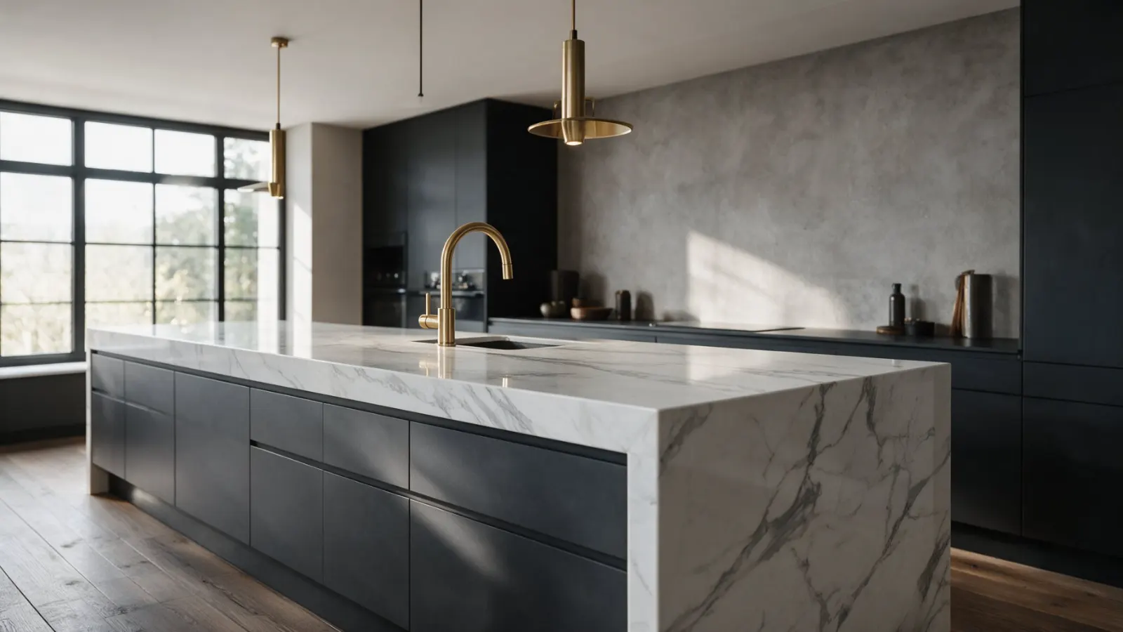 Kitchen island with a waterfall stone countertop